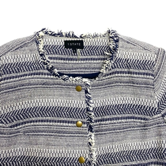 1.STATE Rustic Fringe Stripe Tweed Jacket Blue / White 51323 - Picture 5 of 7
